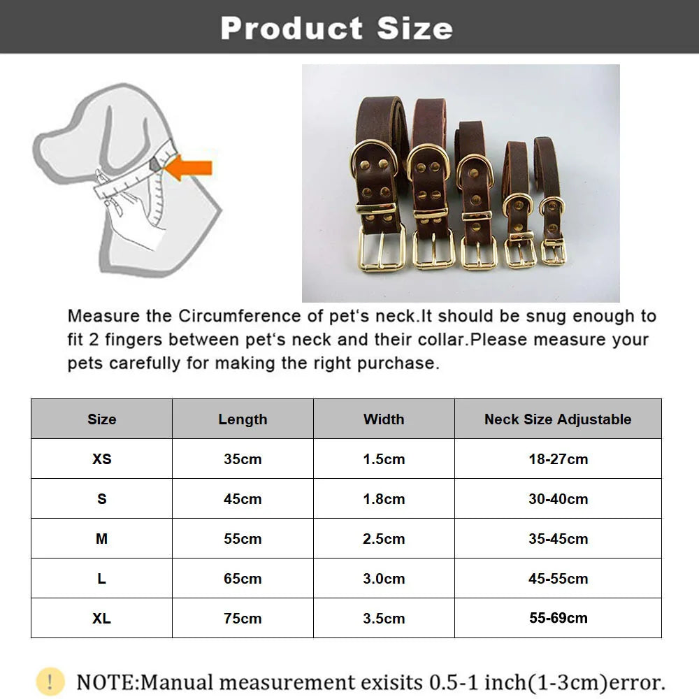 Classic Heavy Duty Dog Collar Strong Real Leather Dog Collar with Tough Rust-Proof All Metal Hardware for Puppy Large Dog Collar
