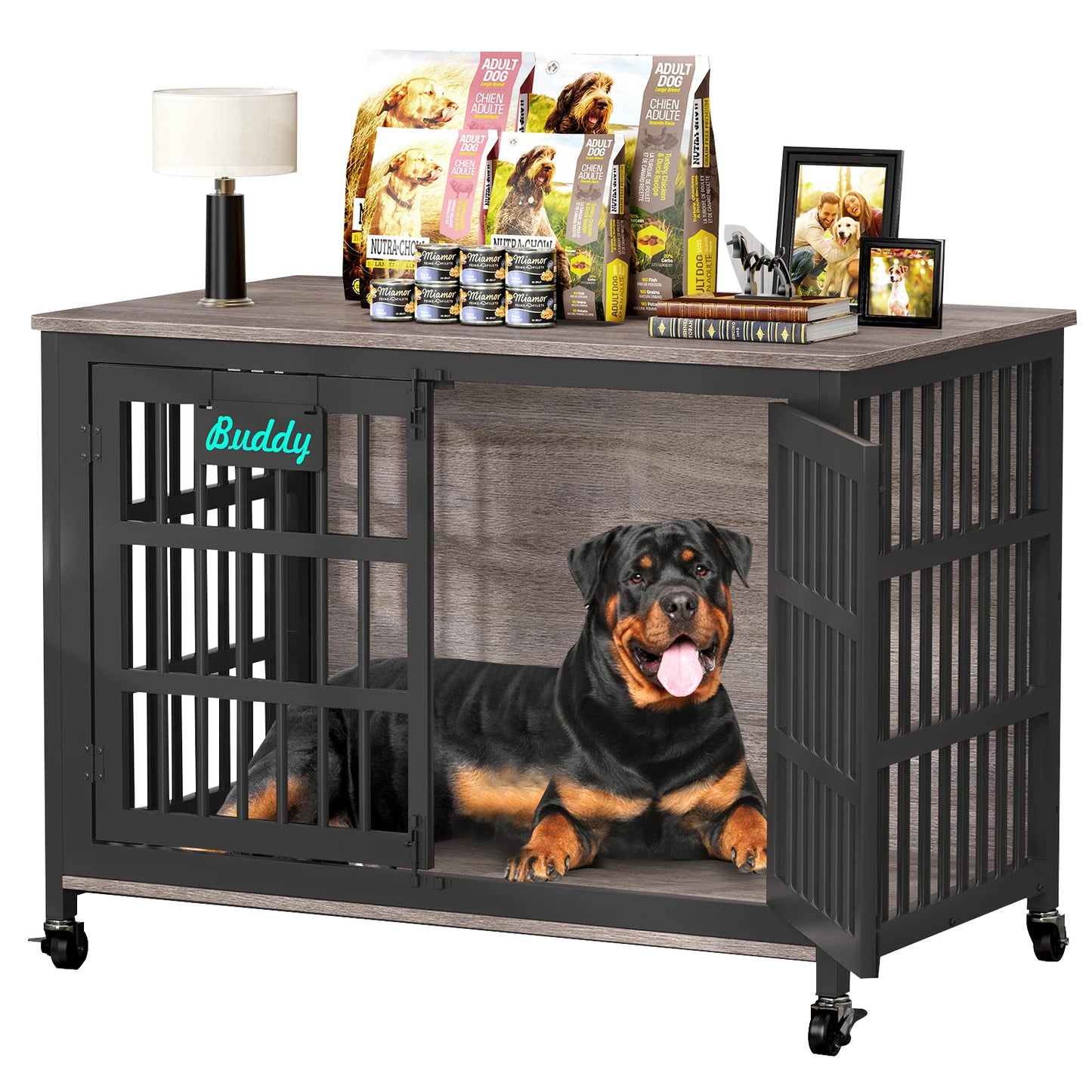 Dog Crate Furniture with Casters,Heavy Duty Dog Kennel Indoor for Large and Medium Dogs,Decorate House as TV Stand,Bedside Table