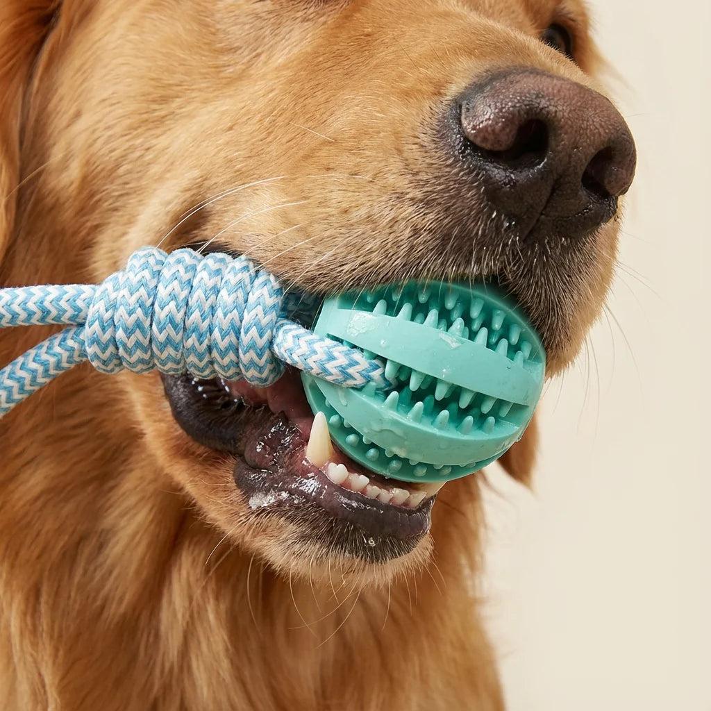Cotton Rope & Rubber Dog Chew Ball, Treat Dispenser Toy. 18x13cm, Durable, for Boredom & Teething