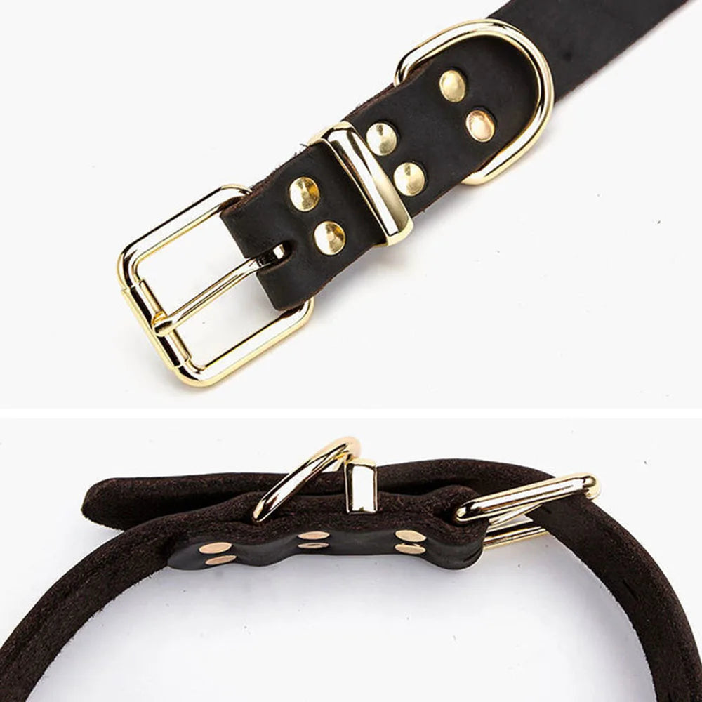Classic Heavy Duty Dog Collar Strong Real Leather Dog Collar with Tough Rust-Proof All Metal Hardware for Puppy Large Dog Collar