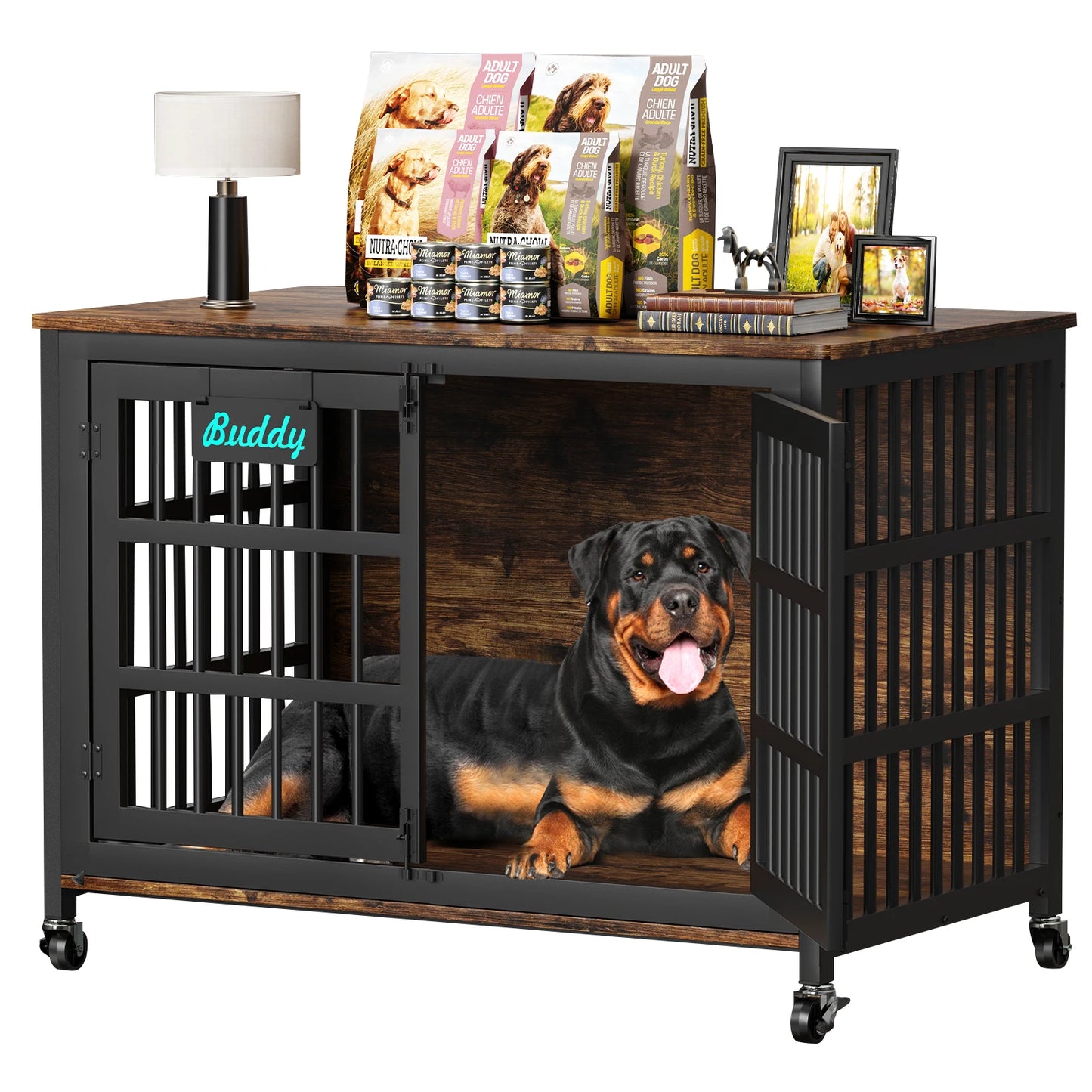 Dog Crate Furniture with Casters,Heavy Duty Dog Kennel Indoor for Large and Medium Dogs,Decorate House as TV Stand,Bedside Table