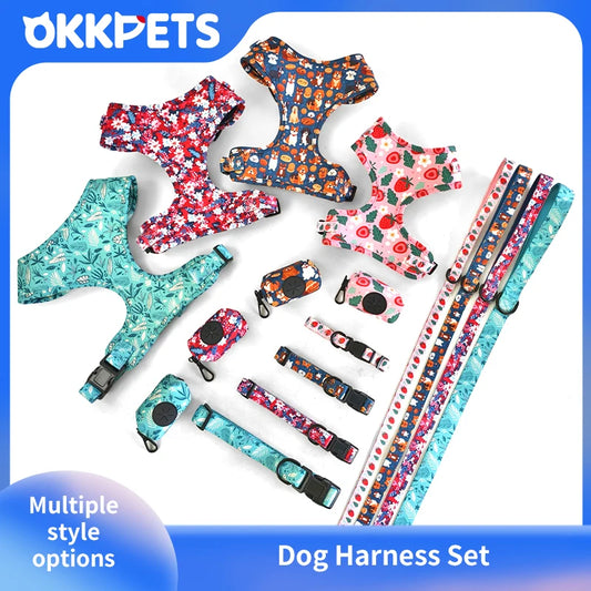 OKKPETS Printed Design Dog Harness&Collar&Leash Etc Accessories Polyester Adjustable Pet Vest Harness Set For Small Medium Large