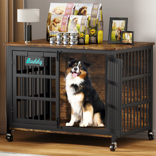 Dog Crate Furniture with Casters,Heavy Duty Dog Kennel Indoor for Large and Medium Dogs,Decorate House as TV Stand,Bedside Table