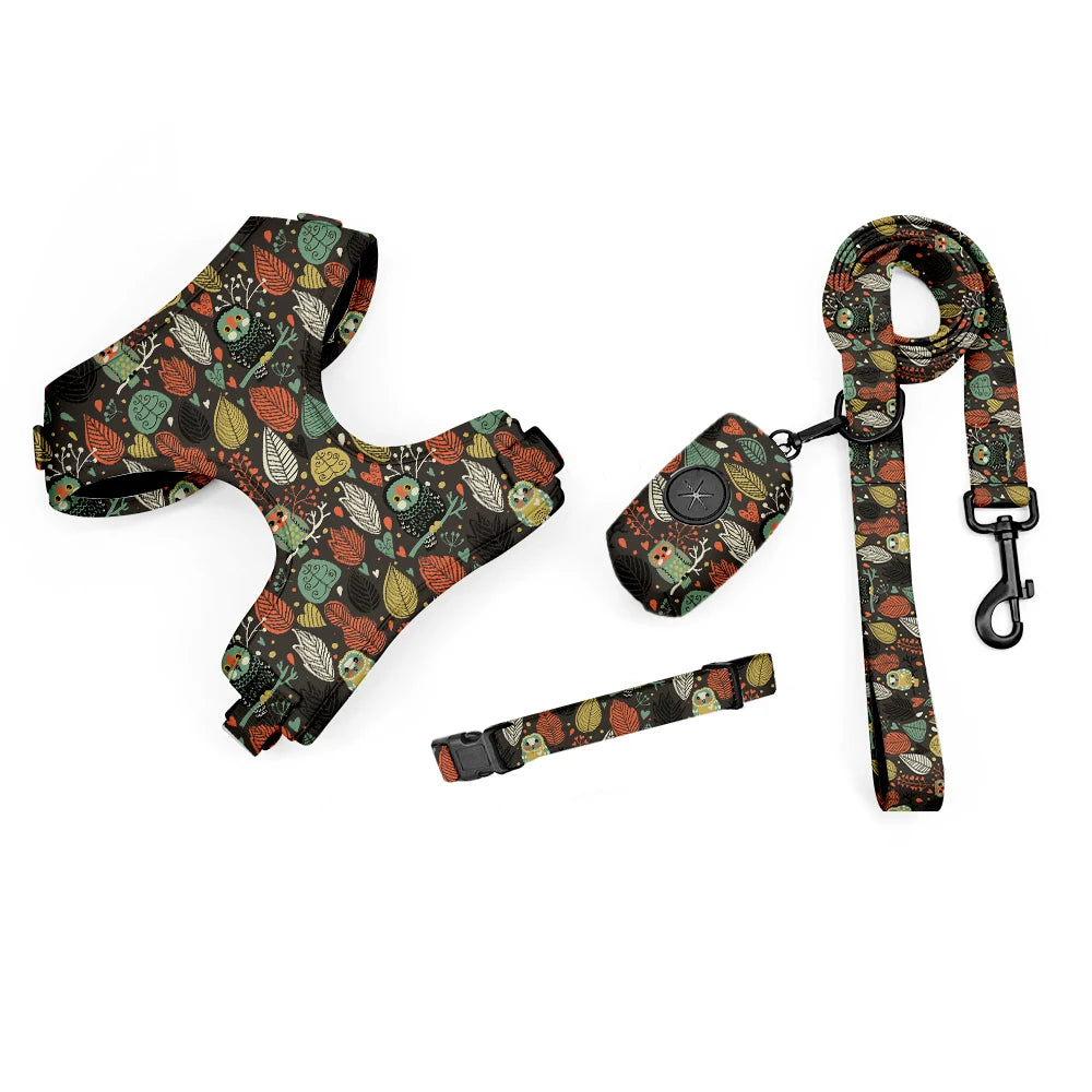 OKKPETS Printed Design Dog Harness&Collar&Leash Etc Accessories Polyester Adjustable Pet Vest Harness Set For Small Medium Large
