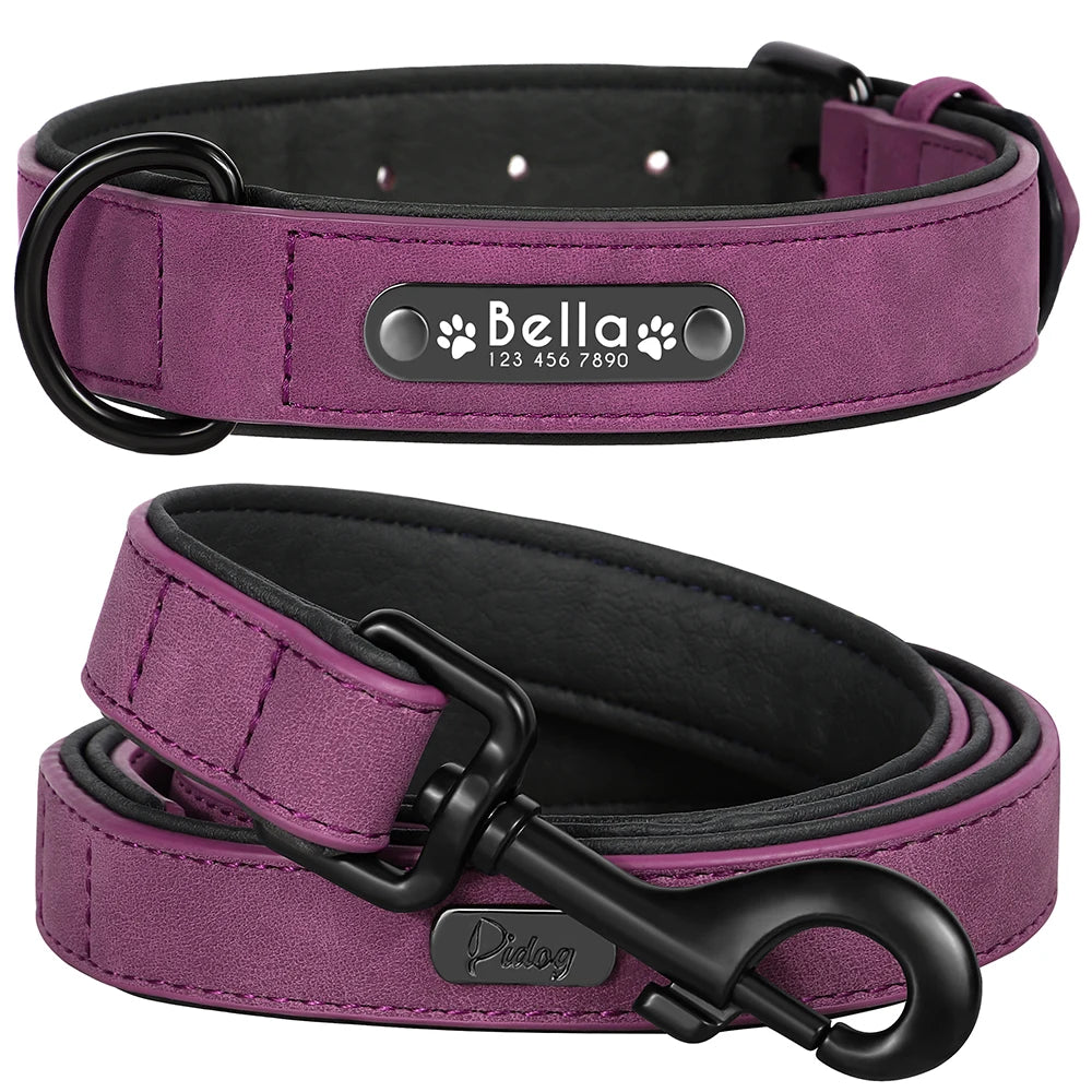 Custom Leather Dog Collar Leash Personalized Pet Collars and Leash Set Durable Leather Collar Lead for Small Medium Large Dogs