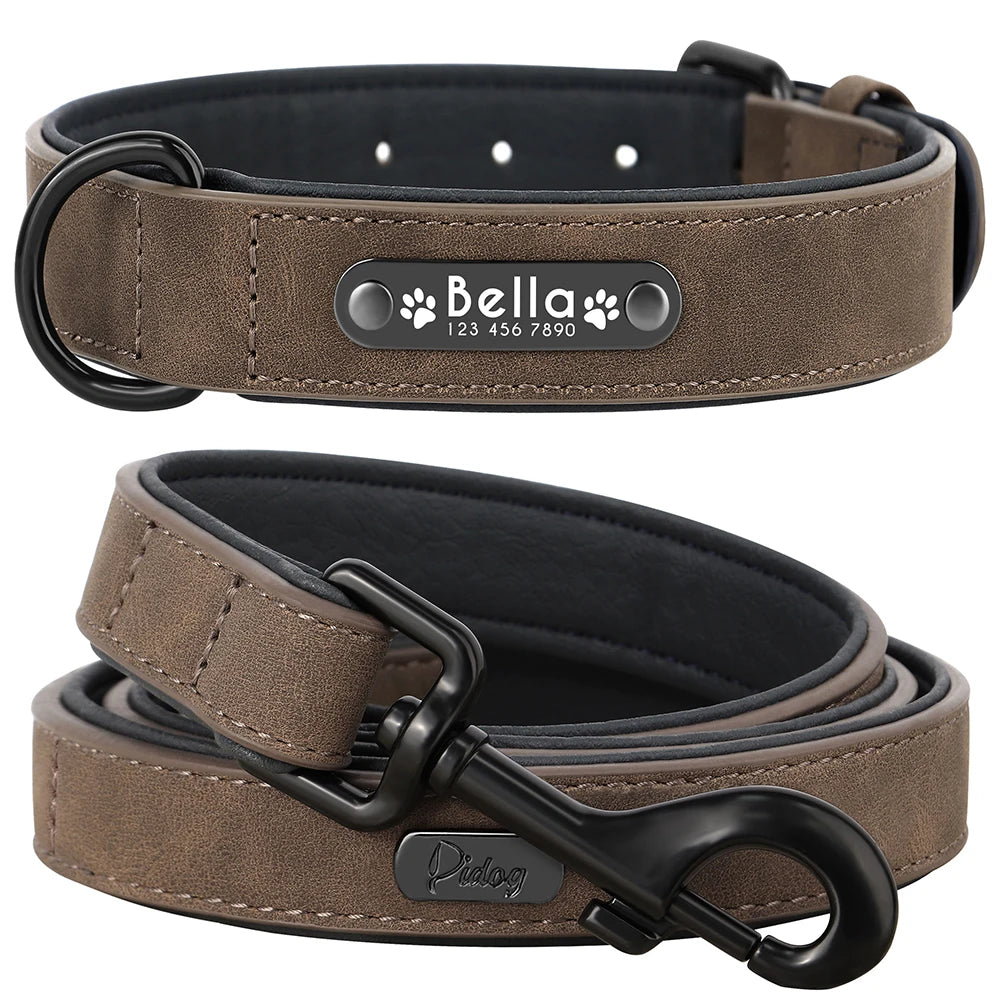 Custom Leather Dog Collar Leash Personalized Pet Collars and Leash Set Durable Leather Collar Lead for Small Medium Large Dogs