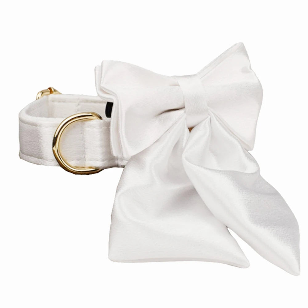 Bowtie Dog Collar Leash Harness White Unique Style Necklace with Detachable Bow Tie for Puppy Small Medium Large Dogs Wedding