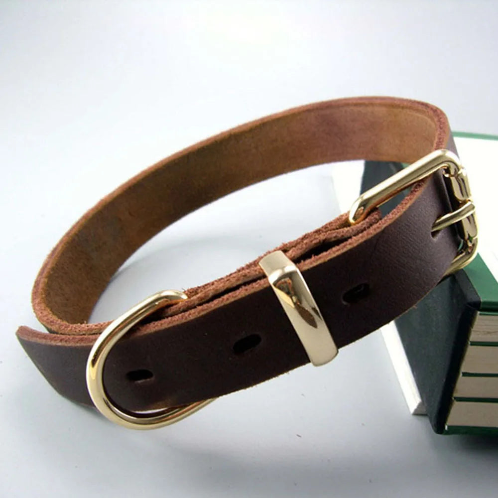 Classic Heavy Duty Dog Collar Strong Real Leather Dog Collar with Tough Rust-Proof All Metal Hardware for Puppy Large Dog Collar