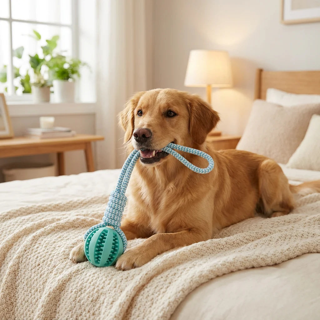 Cotton Rope & Rubber Dog Chew Ball, Treat Dispenser Toy. 18x13cm, Durable, for Boredom & Teething