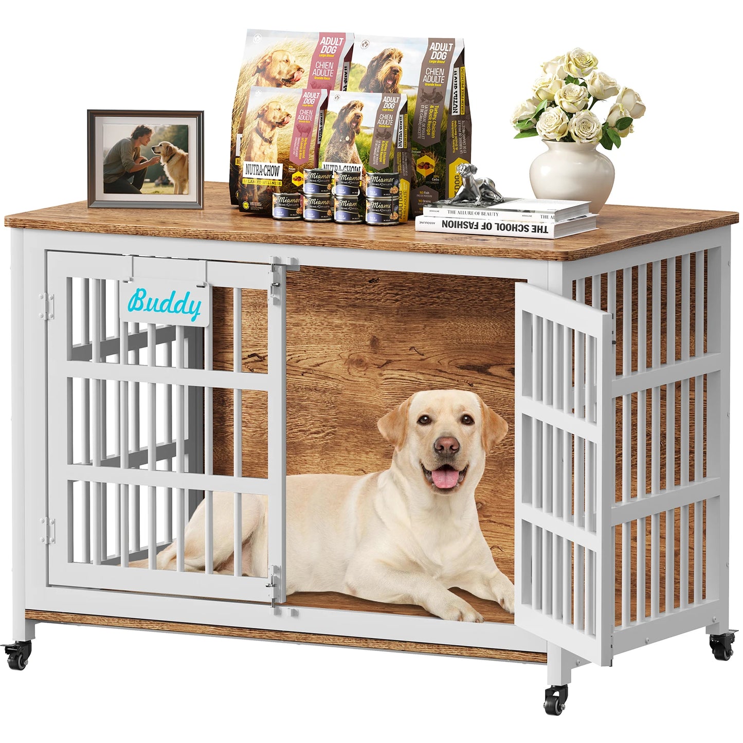 Dog Crate Furniture with Casters,Heavy Duty Dog Kennel Indoor for Large and Medium Dogs,Decorate House as TV Stand,Bedside Table