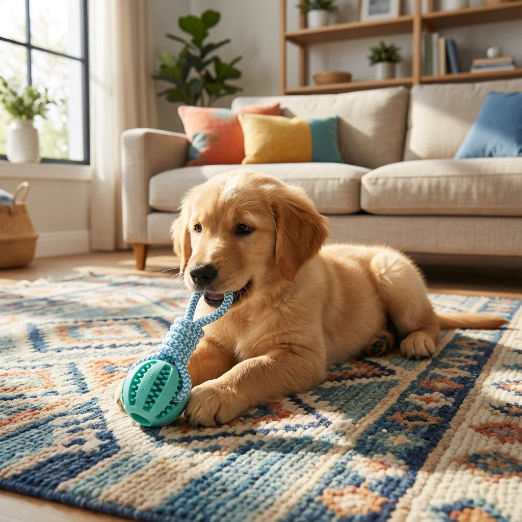 Cotton Rope & Rubber Dog Chew Ball, Treat Dispenser Toy. 18x13cm, Durable, for Boredom & Teething
